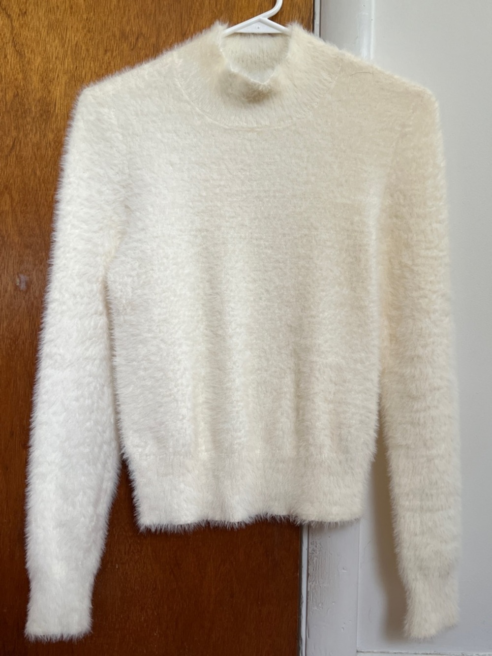Express x Negin Mirsalehi Cream Fuzzy Turtleneck Sweater